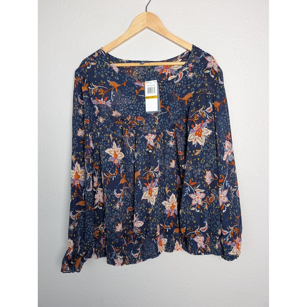 Democracy Shirt Womens 3X Blue Floral‎ Sheer Henley Tunic Top Long Sleeve Boho